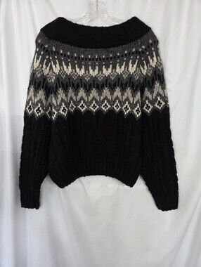 John + Jenn Black, Gray & Cream Fair Isle Open Loose Neck Sweater Size SP
